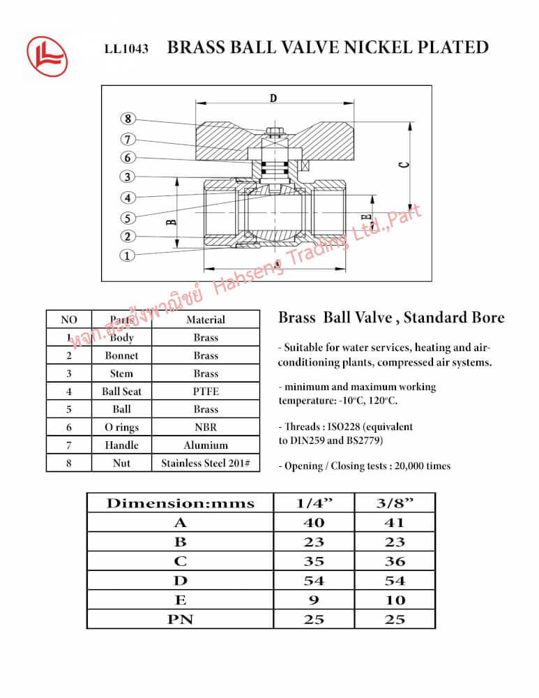 บอล์วาล์วปีกผีเสื้อ LL1043 แบบชุบนิคเกิ้ล 3/8"